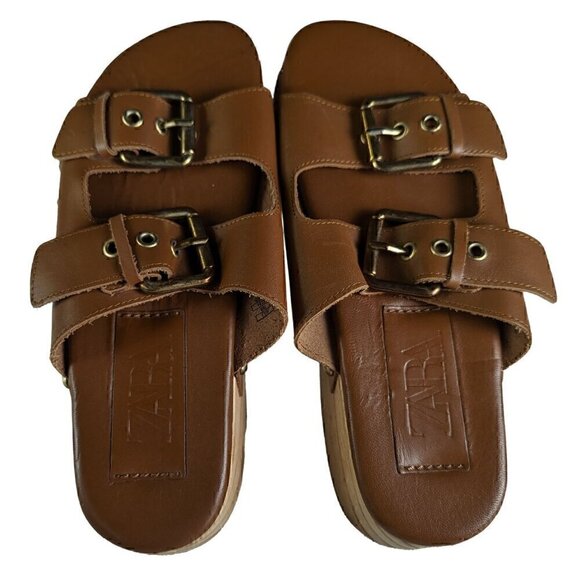 Zara Wood Platform Leather Buckle Slide Size 38 EUC - Picture 2 of 6